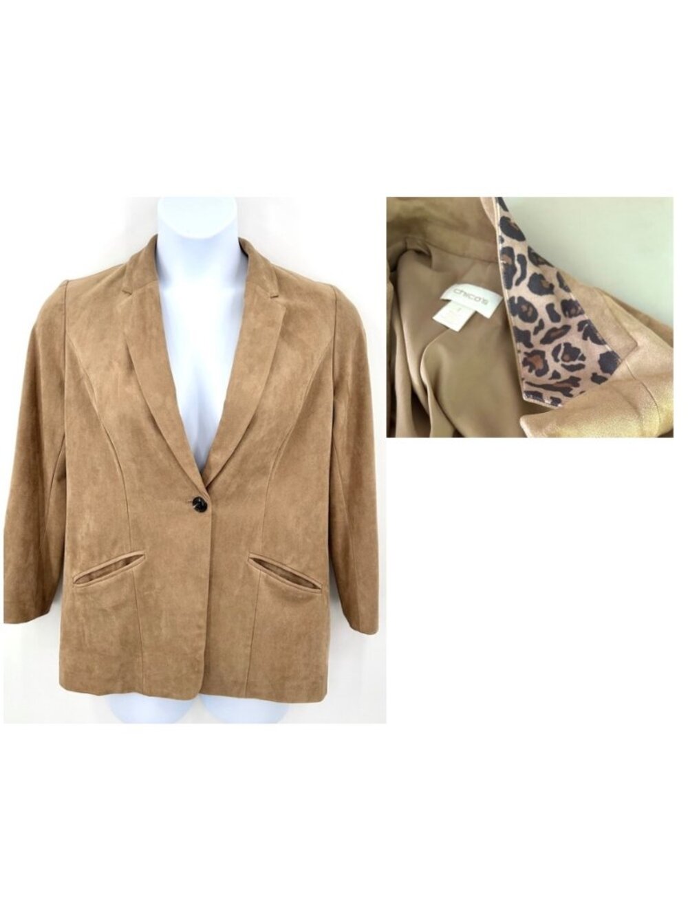 CHICO'S BUTTERY SOFT TAN ULTRA / FAUX SUEDE BLAZER JACKET W/ LEOPARD PRINT - M